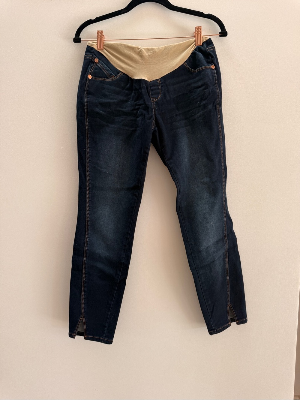 Maternity Dark Wash Stretch Jeans with Beige Panel. Seven